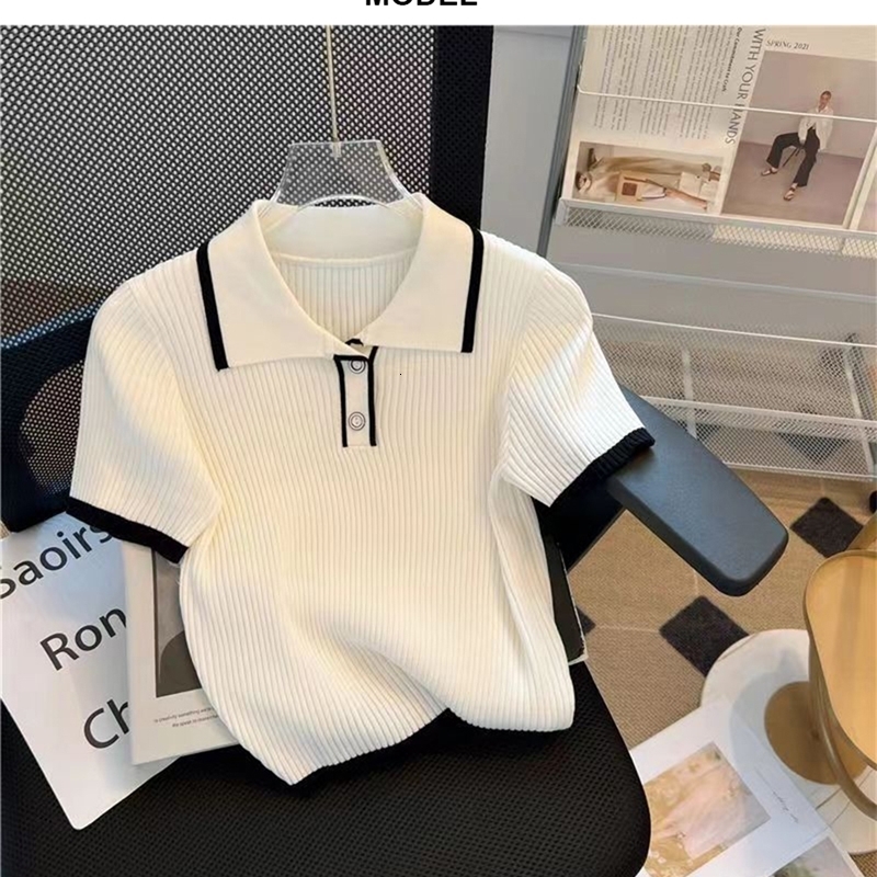 Ice silk knitted short sleeved Tshirt for womens summer 2024 fashionable and stylish polo shirt top y250729