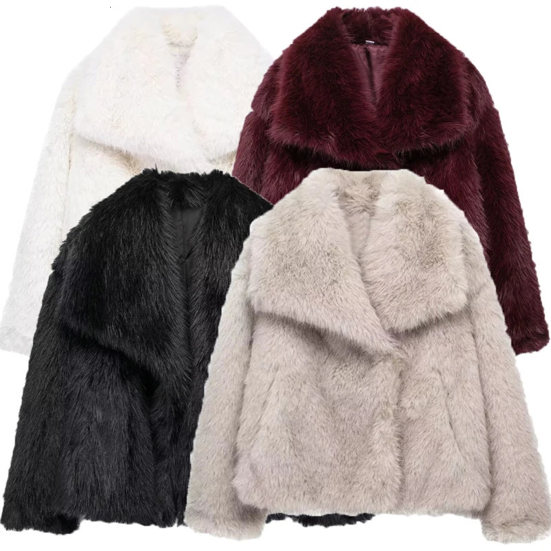 TRAF Winter Faux Fur Coat Woman in coats Autumn Fur Plush Fluffy Jacket Warm Red Gray Black White Fur Coat Outerwears 250806
