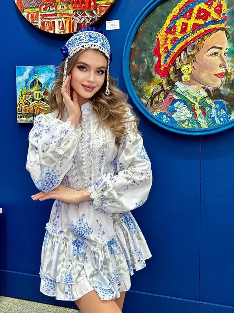 Casual Print Mini Dress Women Loose O Neck Long Sleeves Belt Lace Vestidos Female 2025 Summer Fashion Chic Ruffles Dresses 250728