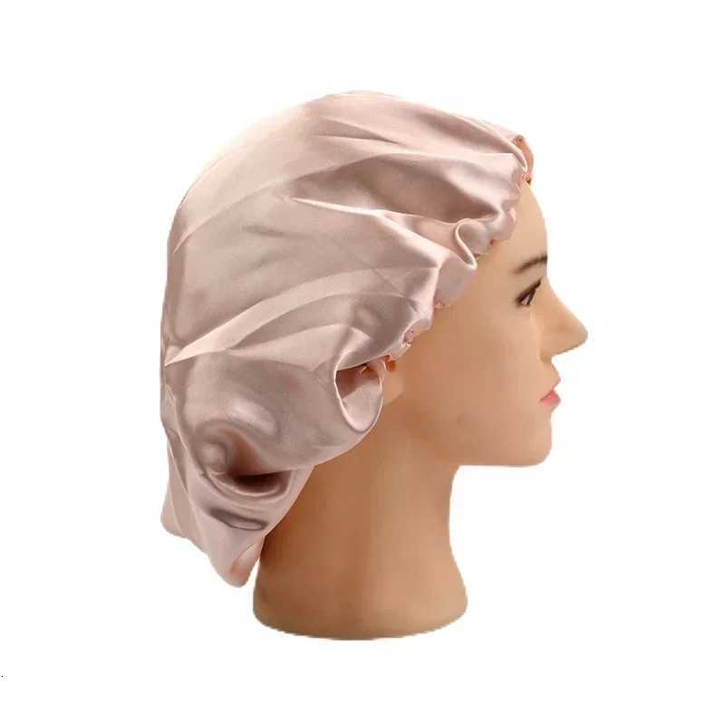 Adjustable Double Layer Satin Bonnet Nightcap Double-Sided Women Round Shower Caps Night Sleep Polyester Hat Solid Black Lining Z250808