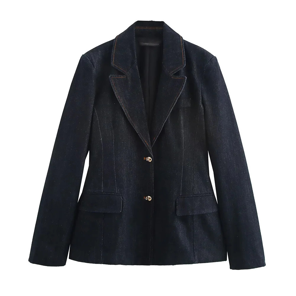 PB ZA Women 2025 Spring Fashion Denim Blazer Coat Bucket Jeans Vintage Long Sleeve Casual Female set woman 2 pieces 250728