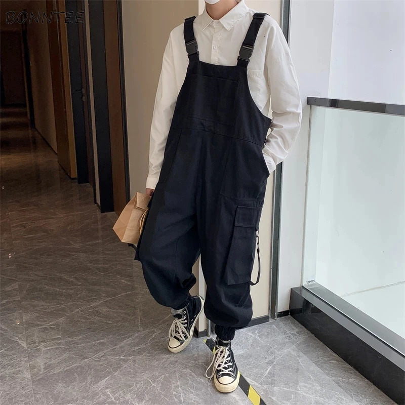 Suspenders Jumpsuit Pants Men Summer Overalls Japanese Loose Straps Casual Pockets Unisex Oversize Streetwear Solid Man Clothing 250804