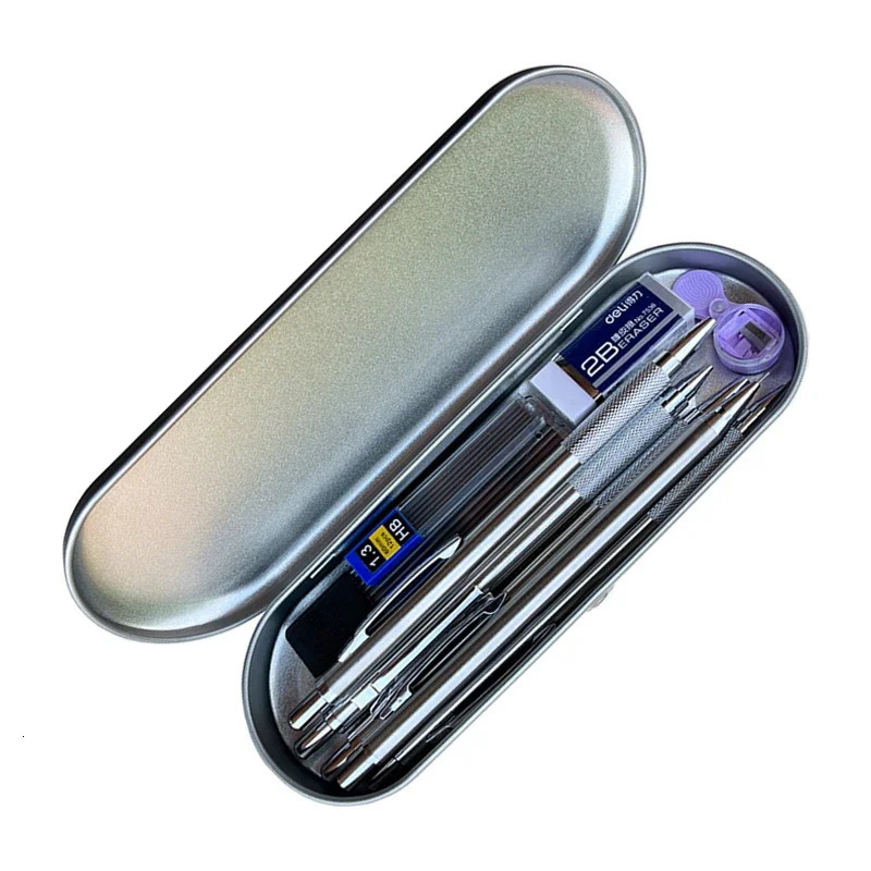 6pcs Metal Mechanical Pencil with Pen Box Lead Eraser Pencil Sharpener Set 0.3 0.5 0.7 0.9 1.3 2.0mm Art Sketch Automatic Pencil 250806