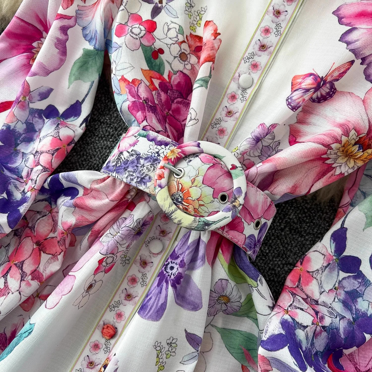 Runway 2025 Spring Summer Floral Print Long Shirt Dress Womens Turtleneck Lantern Sleeve Print Belt Casual Holiday Dress Female 250728