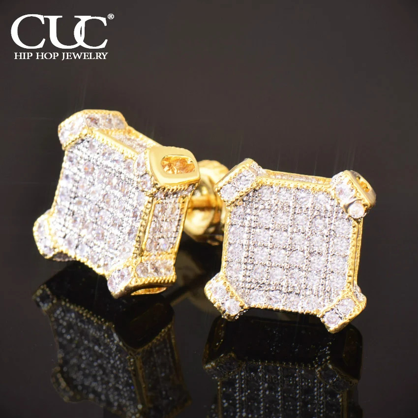 CUC 10MM Square Zircon Earring Gold silver Color Men Women Screw Stud Earrings Hip Hop Jewelry Fashion Gift 250807