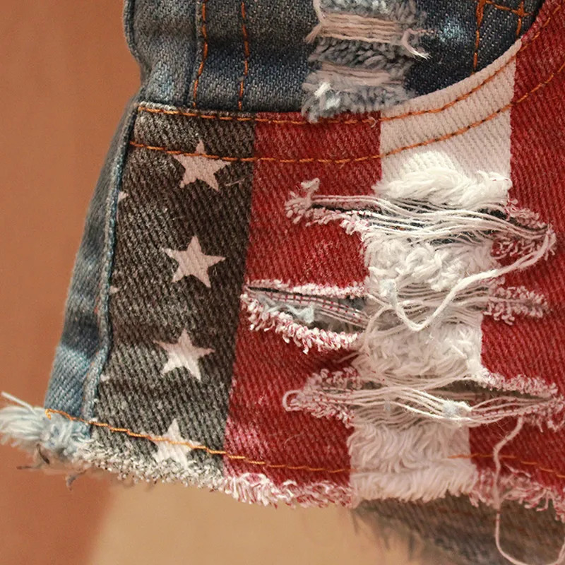 Mid Waist Jeans Shorts Women Fashion USA Flag Printed Denim Pole Dance Skinny Hole Short Pants SXXL 250801