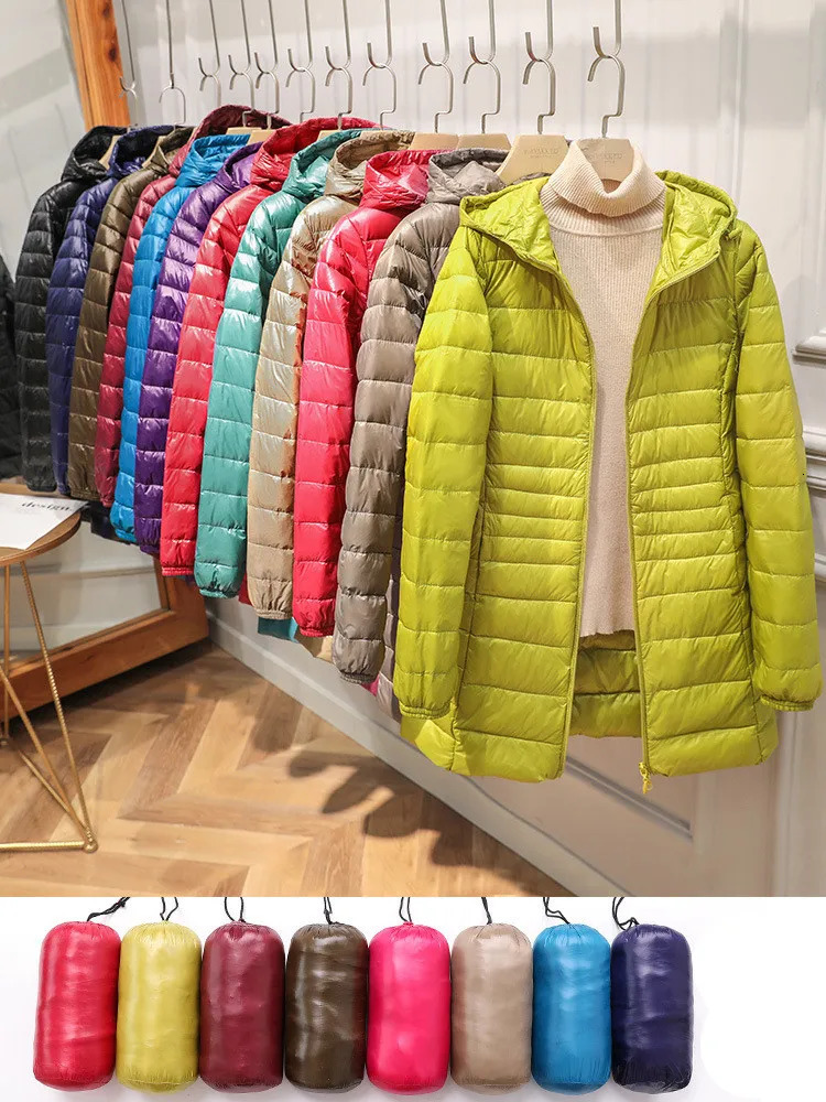 Female Long Warm Down Coat with Portable Storage Bag Women Light Down Jacket Ladies Overcoats Hip-Length High Street 250807