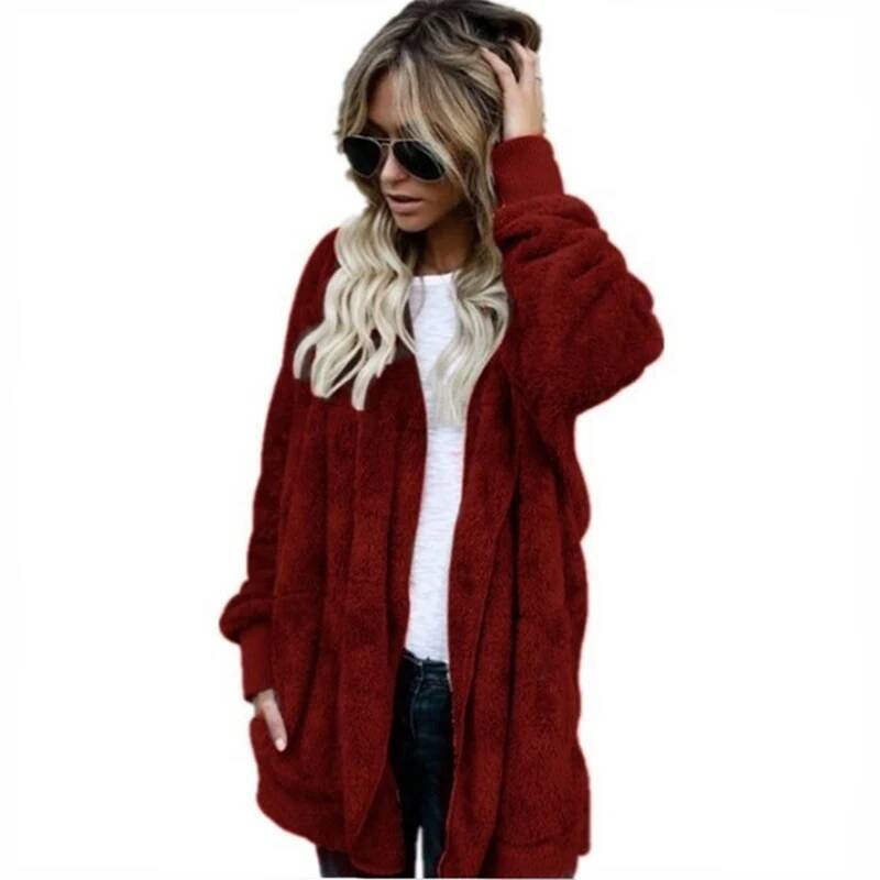 Autumn Winter Double Fleece Cardigan Women Solid Color Long Sleeve Plush Warm Hooded Lady Jacket Oversized Outerwear Coat dongdumaoyi