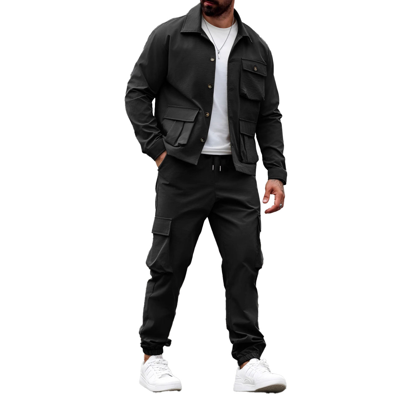Fashion Solid Color Street Wear Trendy Slim Short Sleeve Lapel Shirt Pants Outfits Men Casual 2 Piece Sets black gray khaki