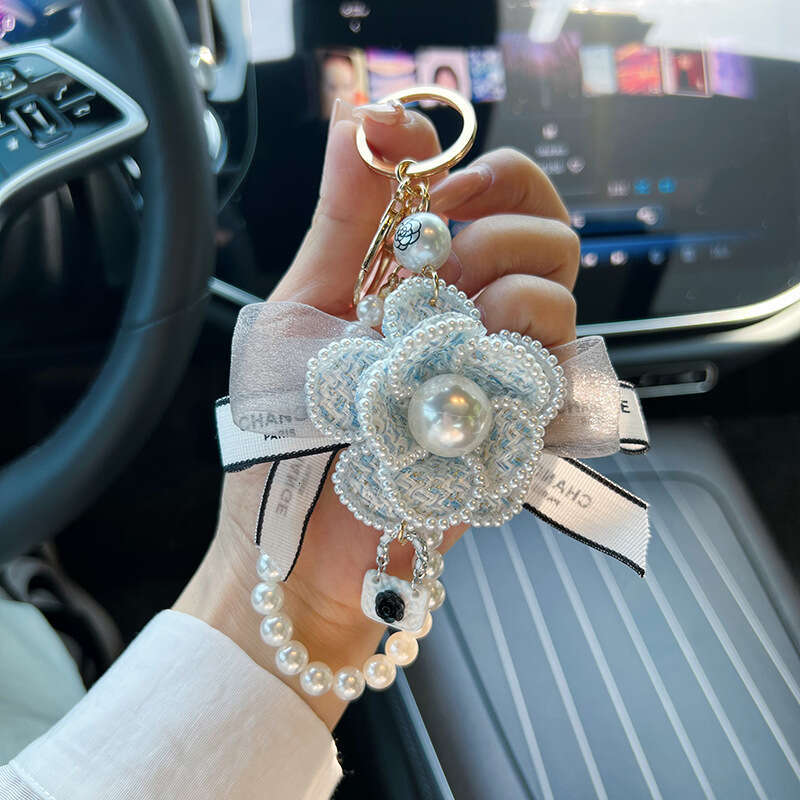 Creative Camellia Bow Bag Pendant Fashion Pearl Chain Korean Style Car Keychain Women's Ring