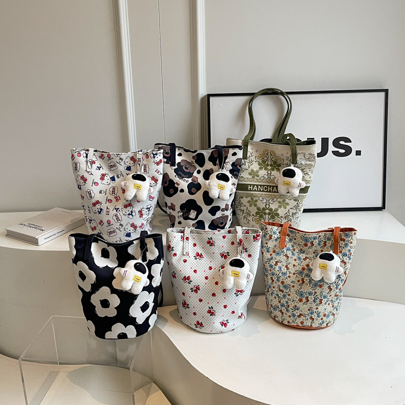 Luxury Brand Designer Bag Fashion Color-Block Bucket Bag For Women Small Floral Letter Print Shoulder Bag Ethnic Style Simple Girl Tote Bag