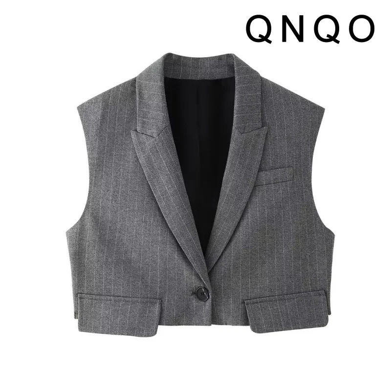 QNQO Casual Lapel Vest for Women Vintage Single Button Sleeveless Cropped Tops Temperament Elegant Sense Vestes 250804