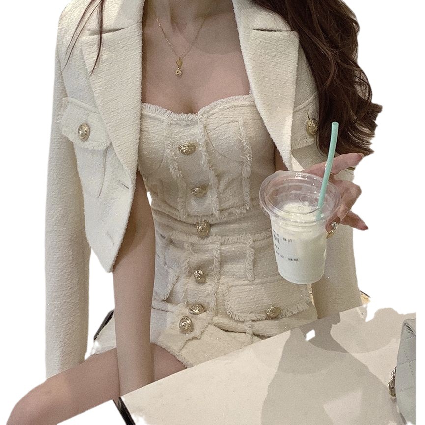 2 Piece and Korean Style: Retro Wool Mini Dress Korea Set with Tassel Jacket ddmymoon