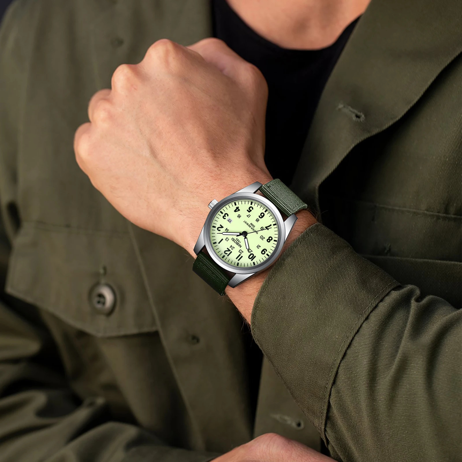 NIBOSI Mens Watches Analog Military Watch with Calendar Luminous Dial Green Nylon Strap Waterproof Mens Wrist Watches Vintage 250807