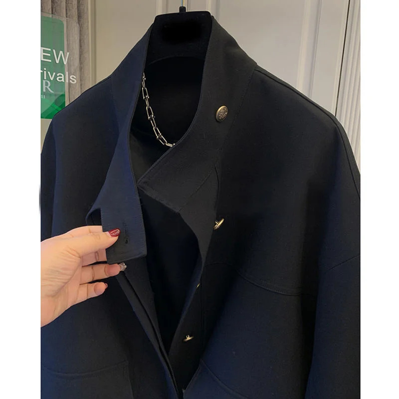 Women Spring Autumn high-end Jacket Casual Windbreaker Standing Collar Short Jacket Hem Drawstring Trench Coat 250728