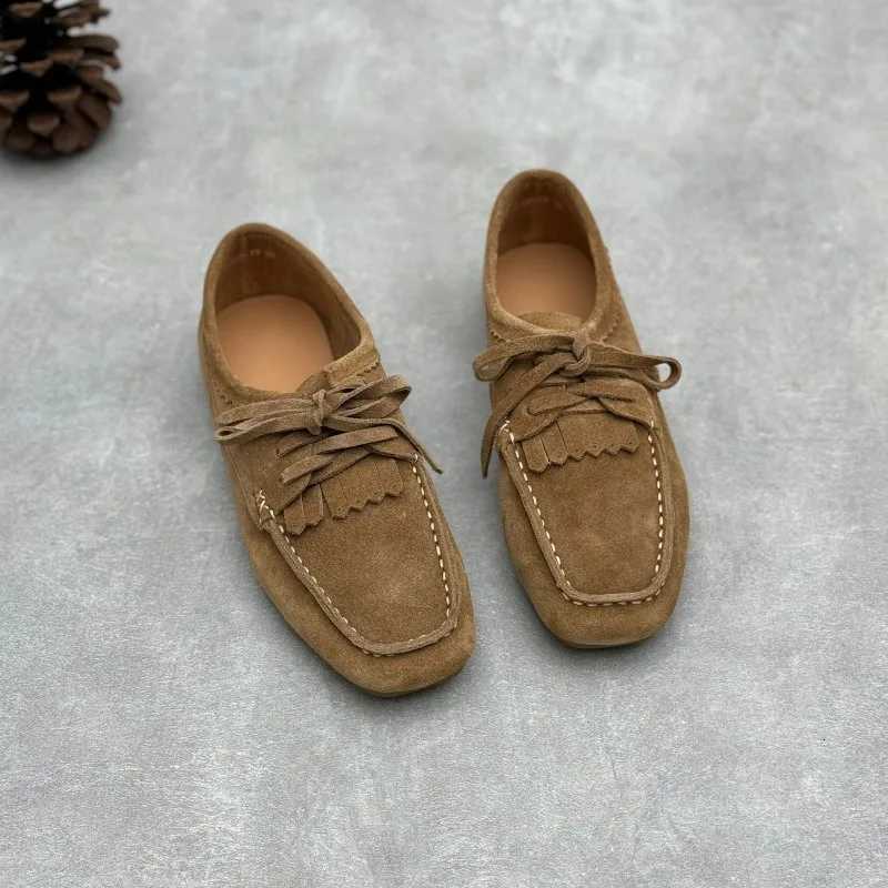 Loafers Woman Flats Frosted Cow Leather Square Toe Women Flat Shoes Lace-Up Loafers Handmade Genuine Leather Retro Shoes W250808 - view 3