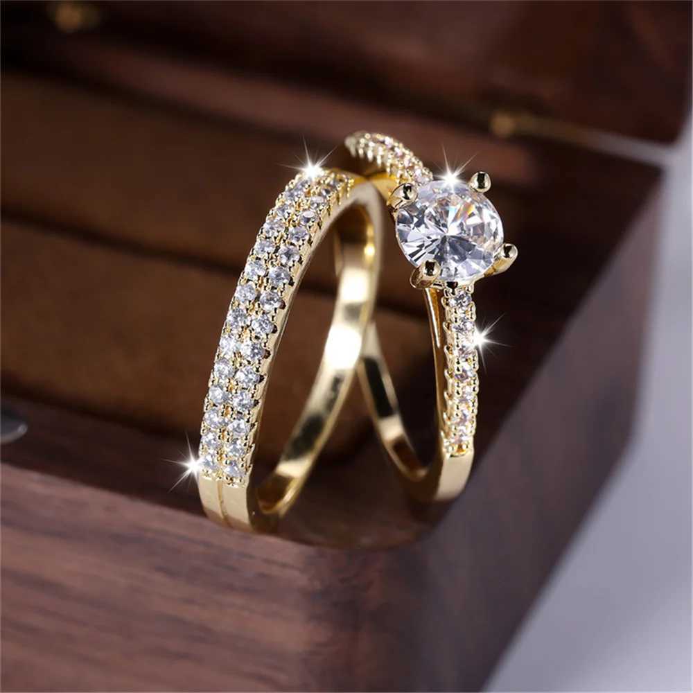 2pcs Small Round White Zircon Stone Ring Set Promise Gold Color Wedding Engagement Jewelry For Women Y250808