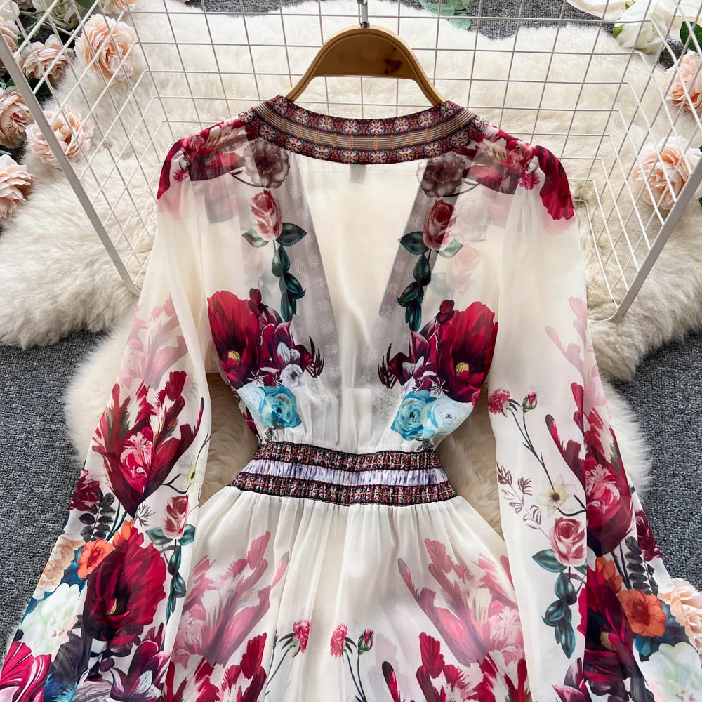 Women Deep V-Neck Bohemian Style Dress Spring Summer Runway Long Sleeve Casual Floral Print Ruffles Sweet Cascading Vestidos 250728
