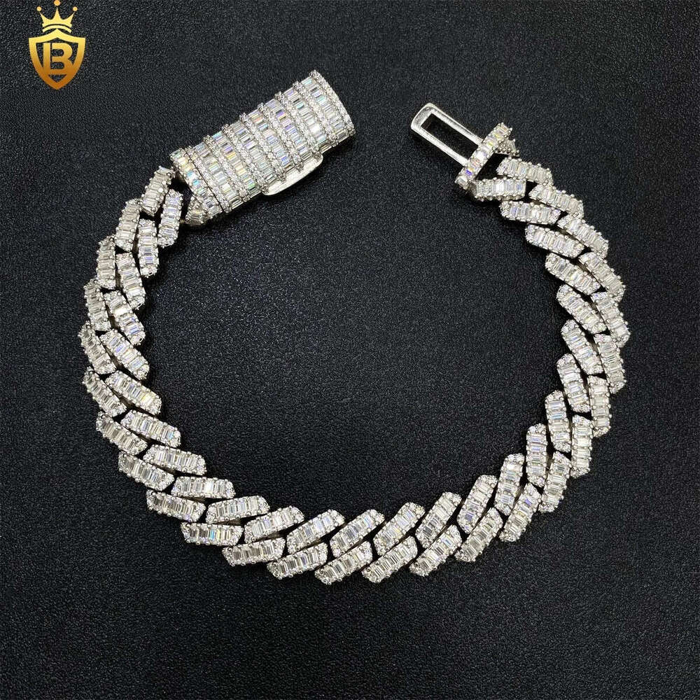12mm Hip Hop Jewelry Sterling Sier Iced Out Moissanite Rectangular Bracelet Cuban Link Chain Pass Dia Tester