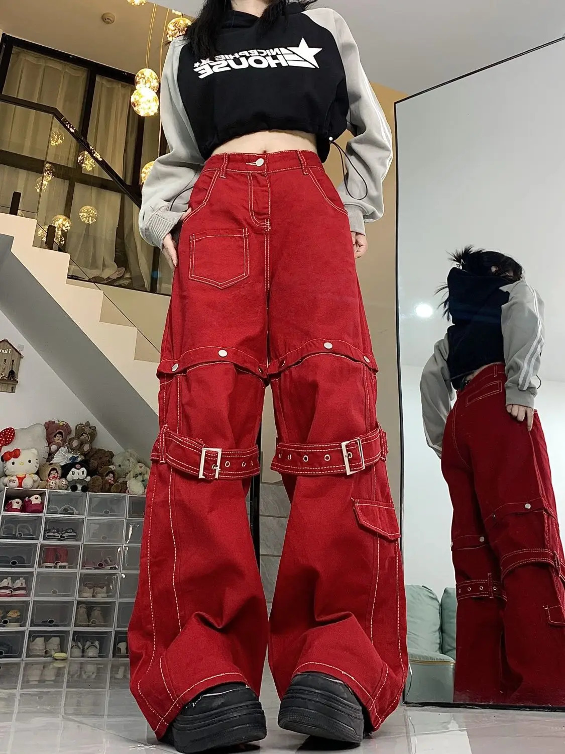 American Retro Heavy Industry Splicing Strap High Waist Jeans Women Autumn High Street Loose Casual Wide Leg Cargo Pants 250804
