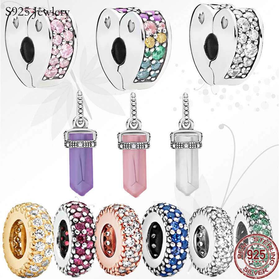925 Sterling Silver Charm Blue Pink Bead Heart Clip Is Suitable For Primitive Classic Ladies Bracelets DIY Jewelry Gift