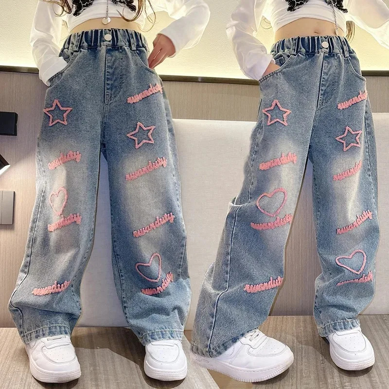 Girls School Wide Leg Pants with Heart Star Casual Loose Kids Fashion Long Jeans Children Korean Style Trousers 250807