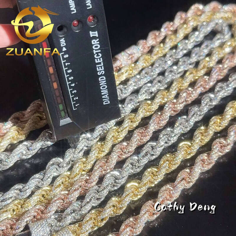 10MM 3 Color Twist Sier Rope Fully Iced Out Moissanite Dia Link Bracelet Hip Hop Jewelry Men Necklace Chain