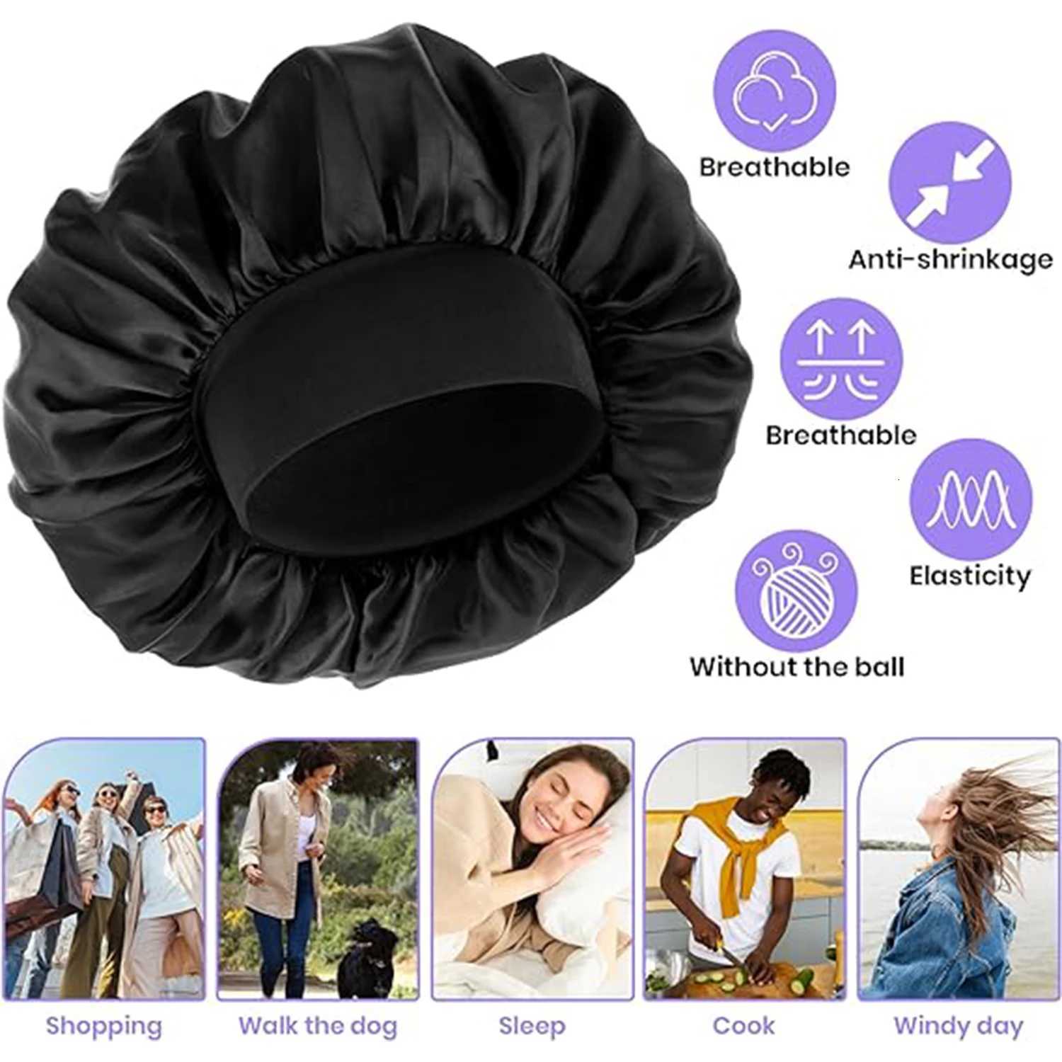 3pcs Womens Fashion Bonnet Large Wide Edge Elastic Hat Casual Sports Silk Smooth Suitable for Curly Straight Hair Sleeping Hat Z250808