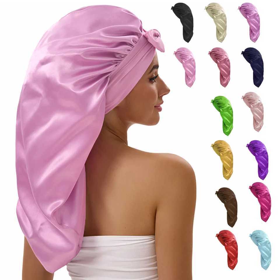 Women Long Tail Satin Hair Bonnet Color Elastic Band Hair Care Hat Bonnet for Hair Treatment Satin Bonnet Z250808