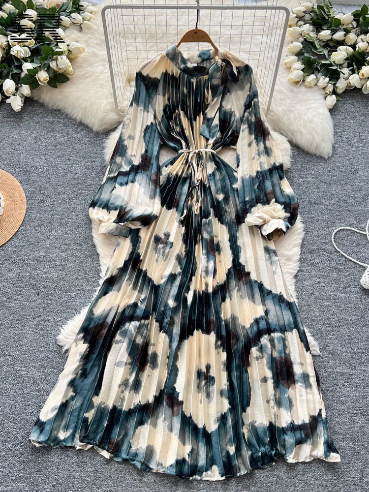 SINGREINY Elagant Print Pleated Dress Female Lantern Sleeves Temperament Bow Lace Up n Women Fashion Evening Dresses 250728