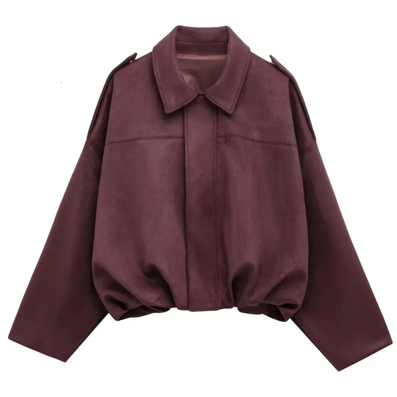 TRAF Spring Women Jacket Suede Zipper Bomber Outerwears Loose Fashion Vintage Black Green Coat Casual Streetwear 250805