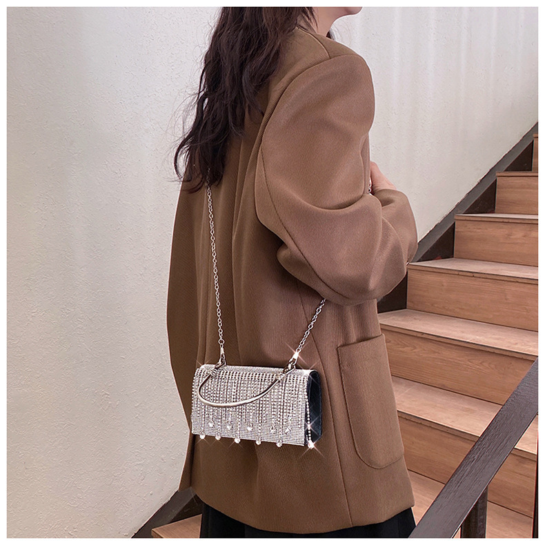 Luxury Brand Designer Bag 2025 Fashion Tassel Rhinestone Handbag For Women, Niche Design With Hot Stamped Rhinestones, Evening Bag With Metal Handle, 