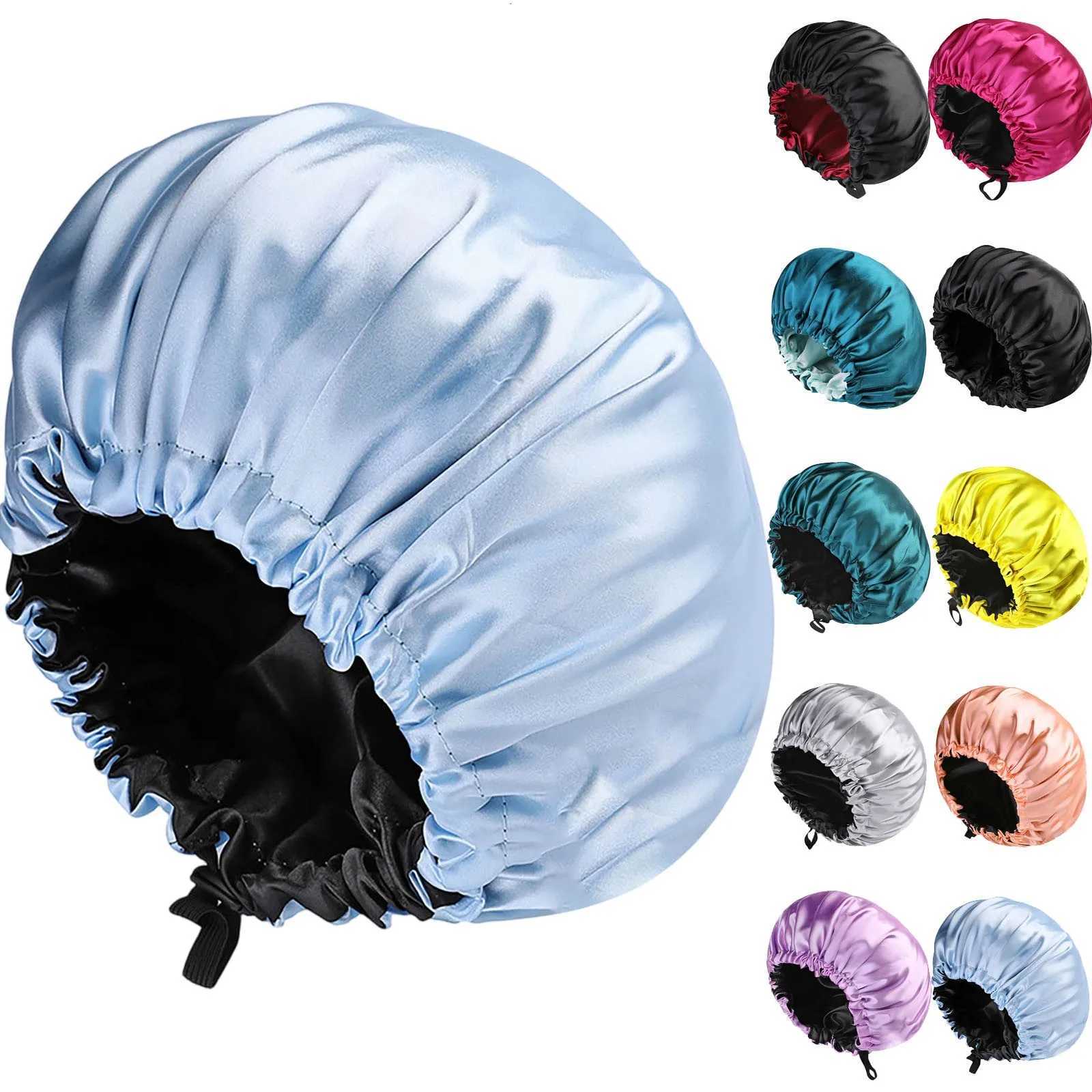 Womens Satin Shower Caps Solid Bonnets Wide-Brimmed Night Sleeping Bathing Hat Unisex Head Wrap Elastic Band Hair Care Bonnet Z250808