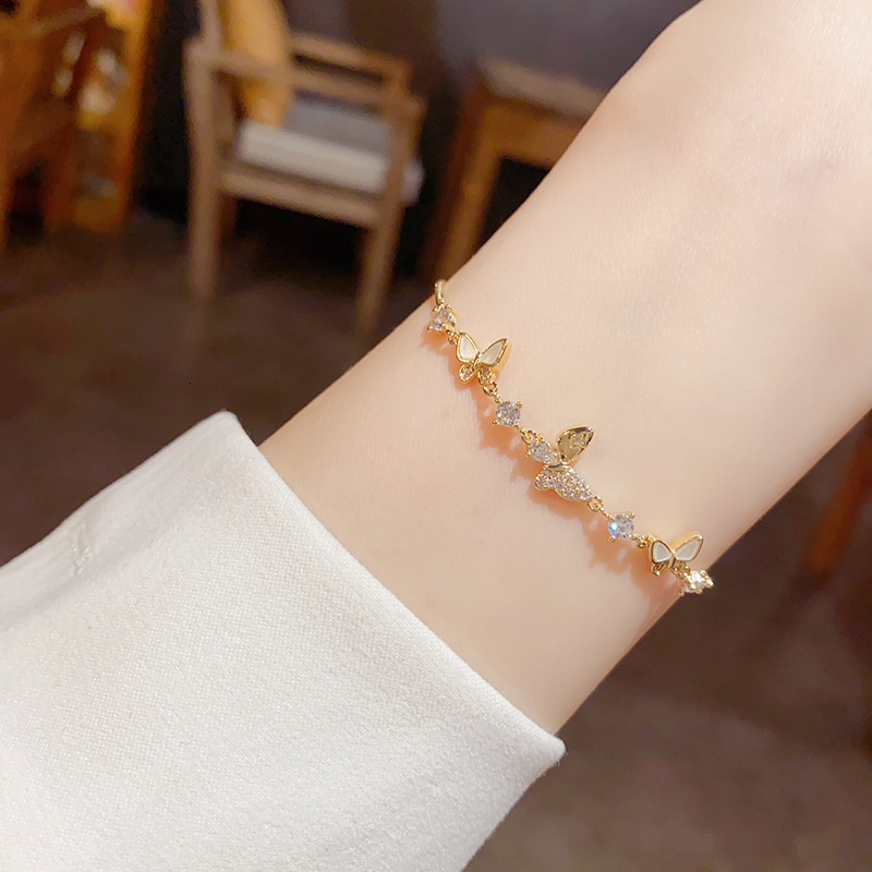 Summer Sweet Fresh Unique Butterfly Zircon Pull-Open Bracelet Personality Light Simple High-End Versatile Wristband