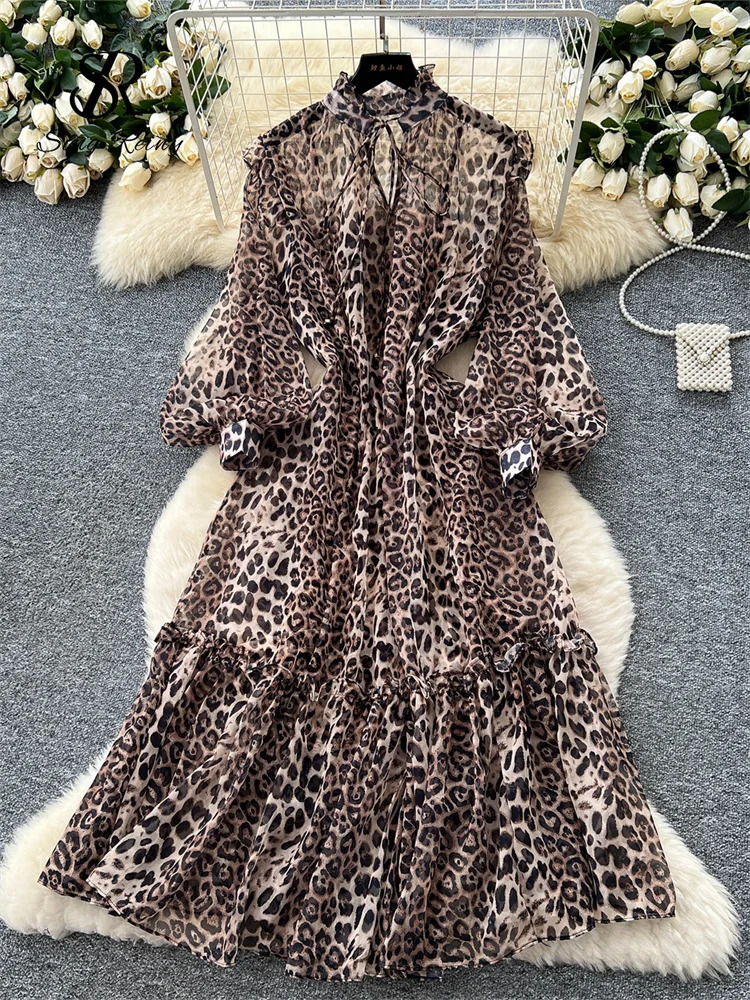 SINGREINY French Style Chiffon Long Dress Autumn Women Stand Collar Lantern Long Sleeves Ruffle Holiday Leopard Print Dress Suit 250728