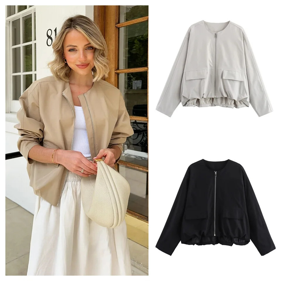 PB ZA autumn womens clothing fashion temperament casual versatile windbreaker round neck short jacket 250728