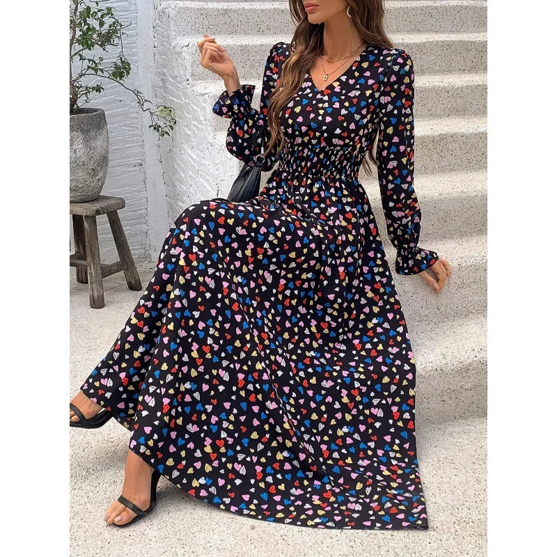 Women Summer dress 2025 fashion floral printed V-neck long sleeve swing fashion all-match dresses women vestidos JQMY2351 250728