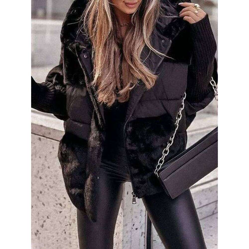 Winter women's loose down jacket with knitted sleeves