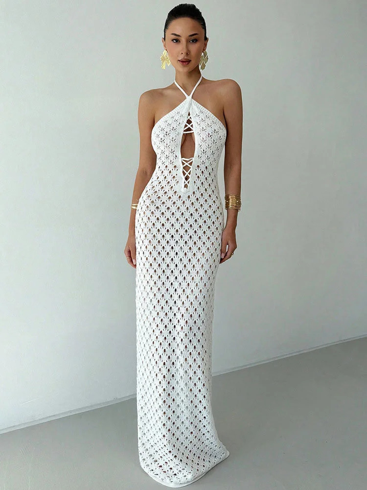 Tossy White Knit Beach Long Dress Women See-Through Lace-Up Backless Hollow Out Loose Sexy Dress Female Knitwear Summer Dress 250804
