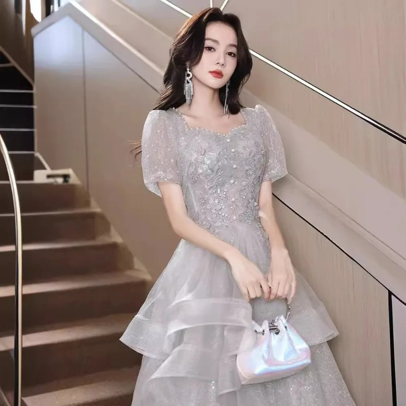 2025 Womens Summer Banquet Grey Mesh Evening Dress Fashion Square Leader Years Presidents Slim Performance Dress 250728