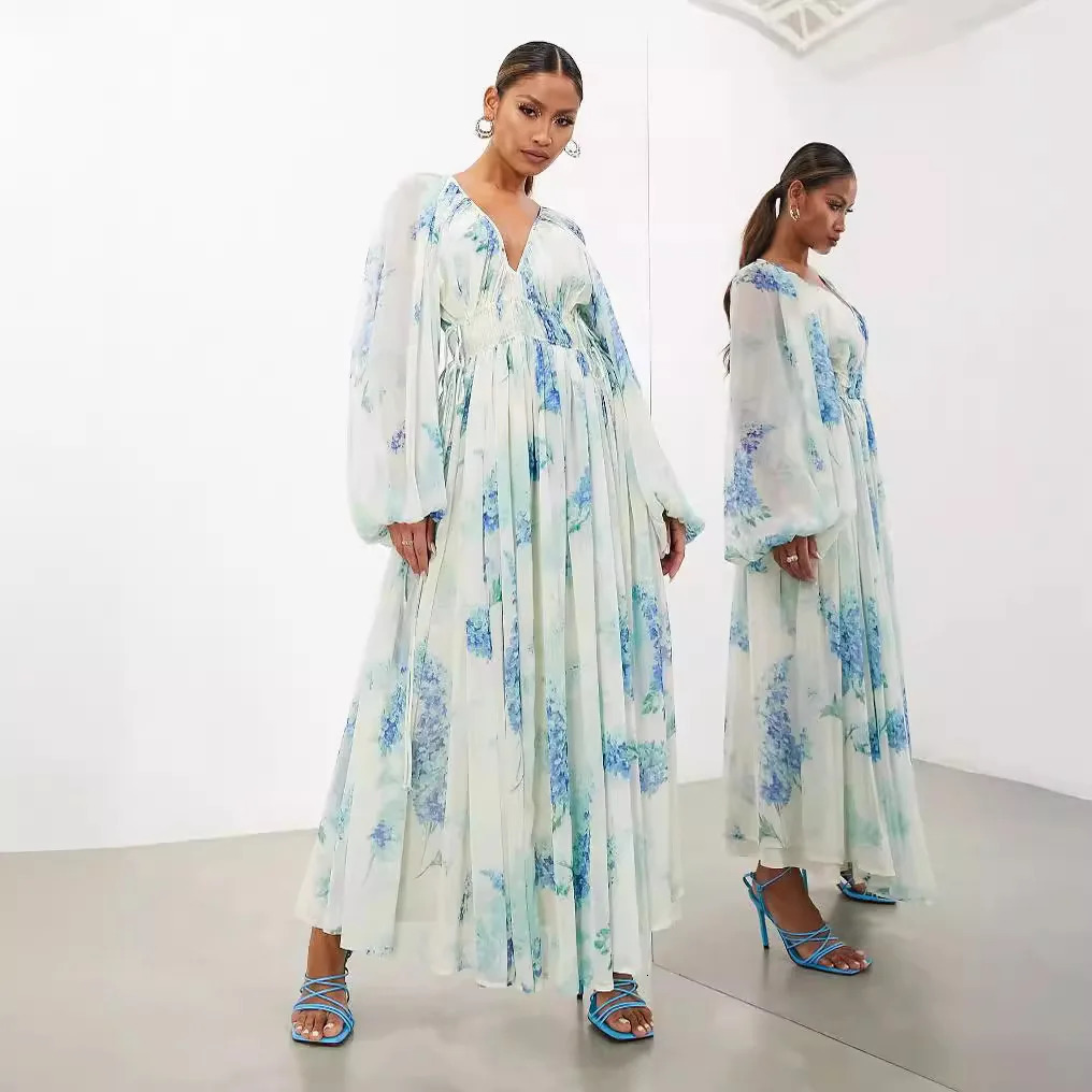 Elegant Print Chiffon Long Dresses Women V-neck High Waist Drawstring Folds See Through Long Sleeve Party Dress Female Vestidos 250728