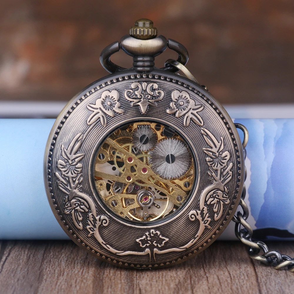 Vintage Roman Number Hand-Winding Watch creative carving flower Mechanical Pocket Watch chains pendant gifts 250807