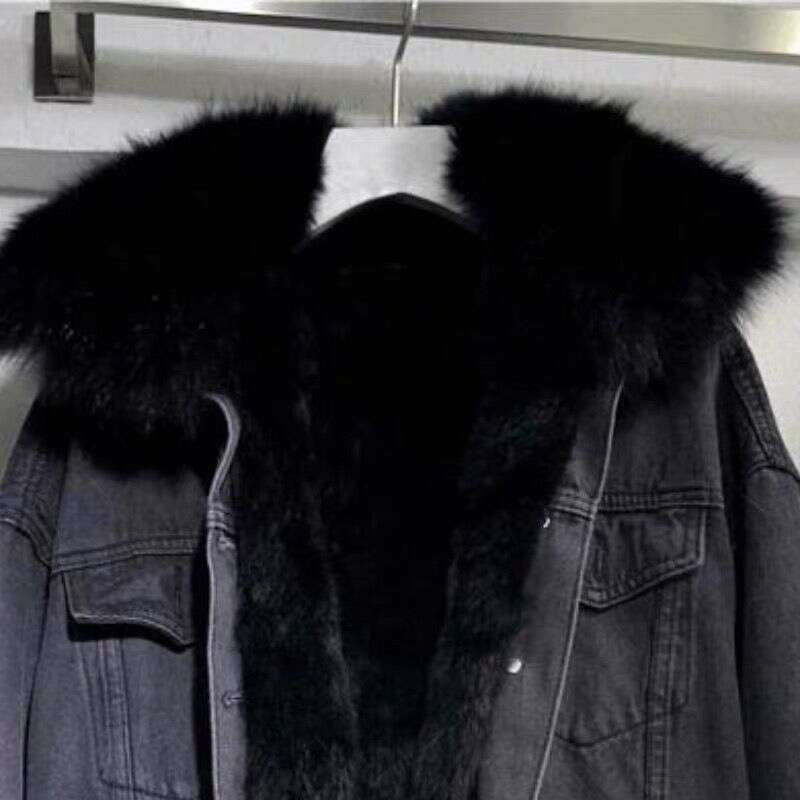 Women's Clothing Large Fur Collar Denim Jacket For Women Short Winter Korean New Versatile Loose Plus Veet Thickened Cotton Coat