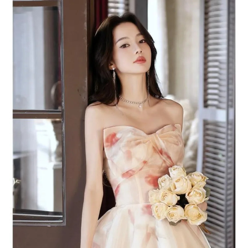 2025 Summer French Super Immortal Bow Strapless Evening Dress Fashionable Slimming Vocal Art Exam Walking Show Banquet Dress 250728