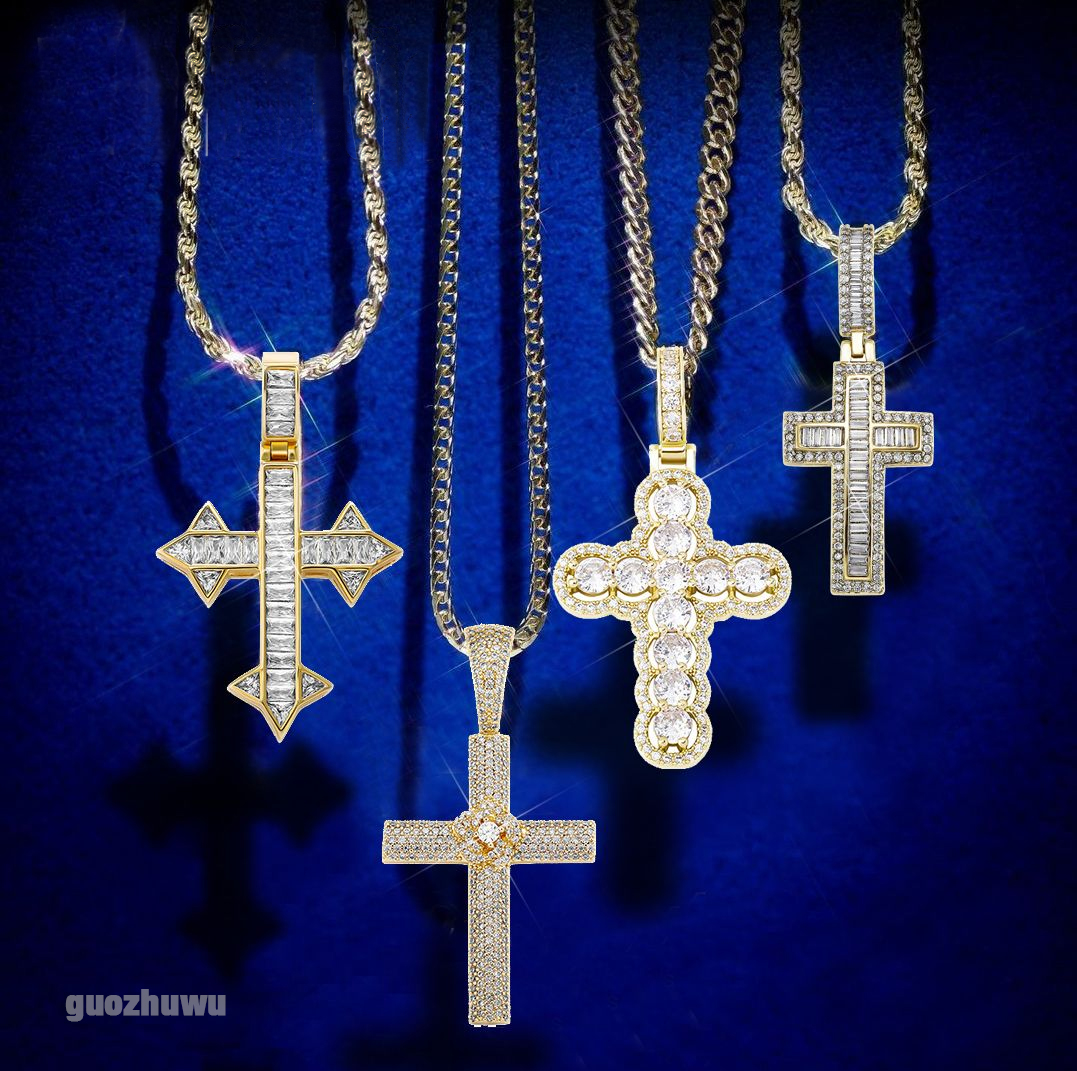 Iced Out Cubic Zirconia Cross Pendants Personalized Necklaces For Men And Women Bling CZ Stone Party Gifts Hip Hop Rock Bijoux Christain Wolf Tide Rap