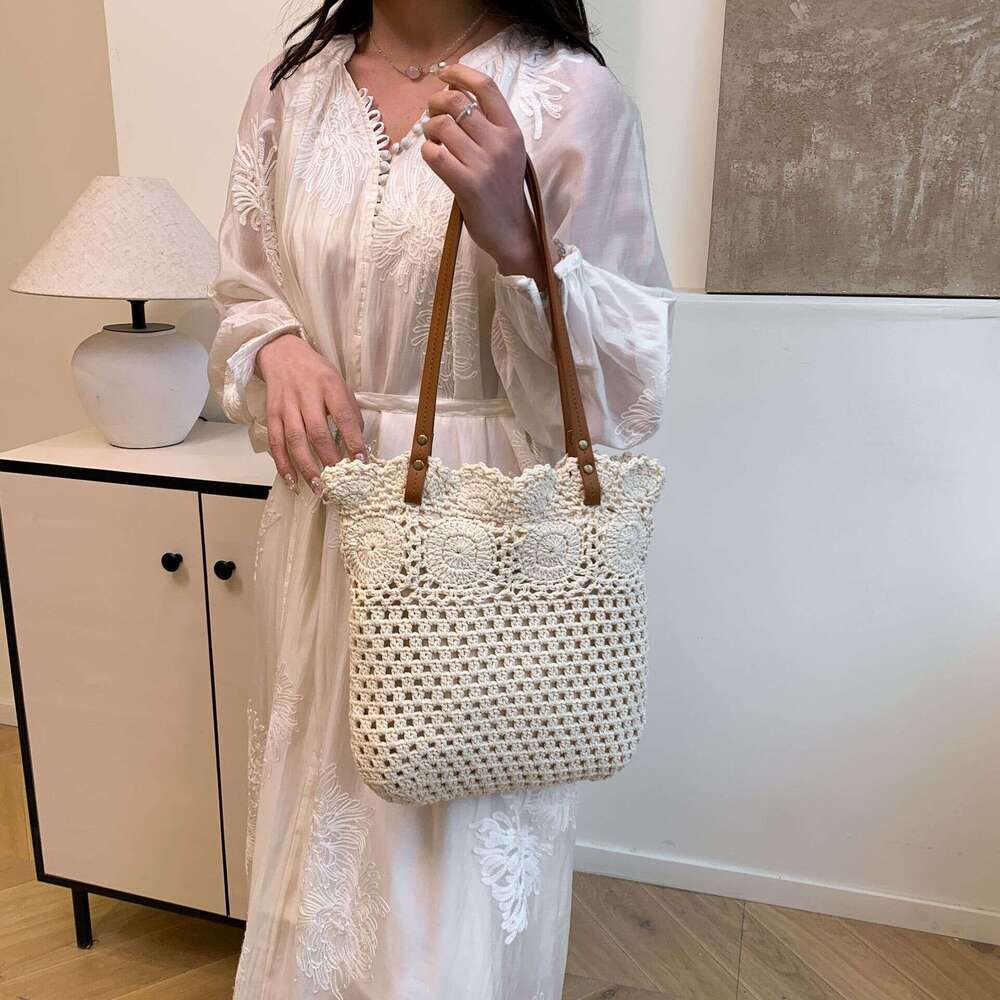 Korean Hollow Cotton Rope Woven Underarm Tote For Women New Handheld Bucket Vacation Beach Bag B5