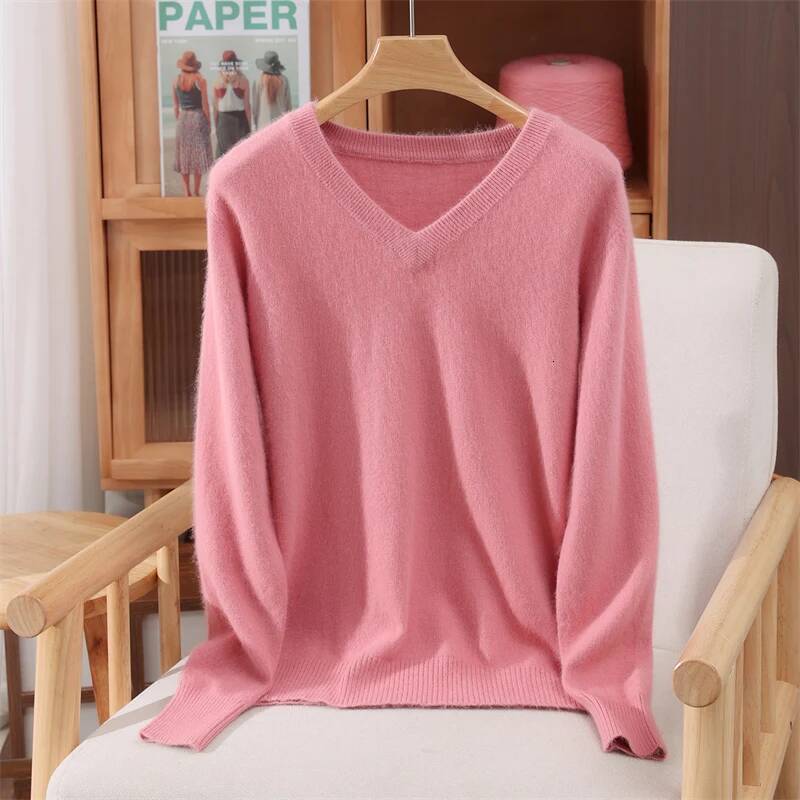 100% Mink Cashmere Sweater V-Neck Versatile Women Knitted Fall Winter Premium Clothes Casual Warm Long Sleeve Pullover dongdumaoyi