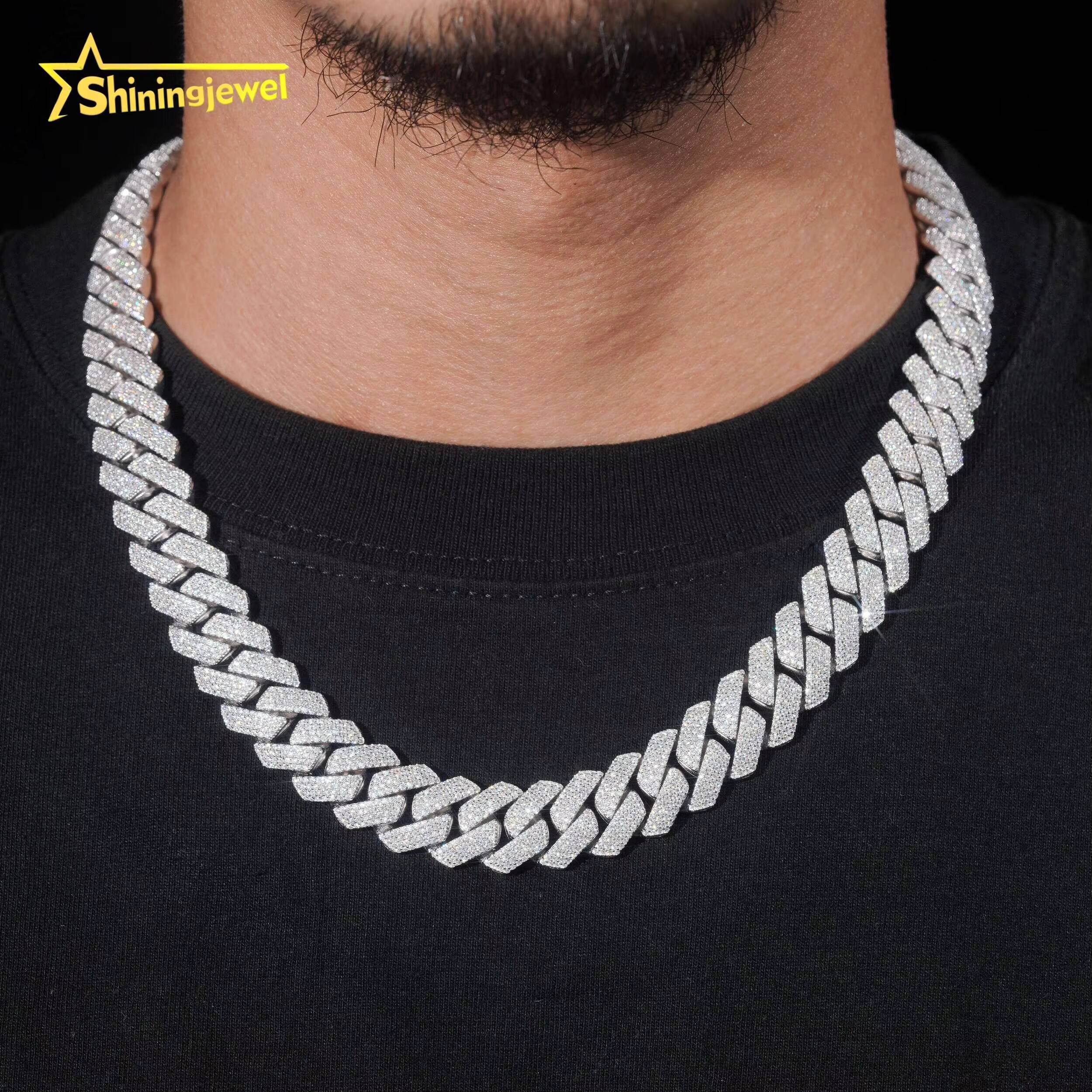 Iced Out Jewelry Hip Hop15mm 3Row Moissanite Necklace S925 Gold Plated Pass Diamond Test VVS Moissanite Diamond Cuban Link Chain