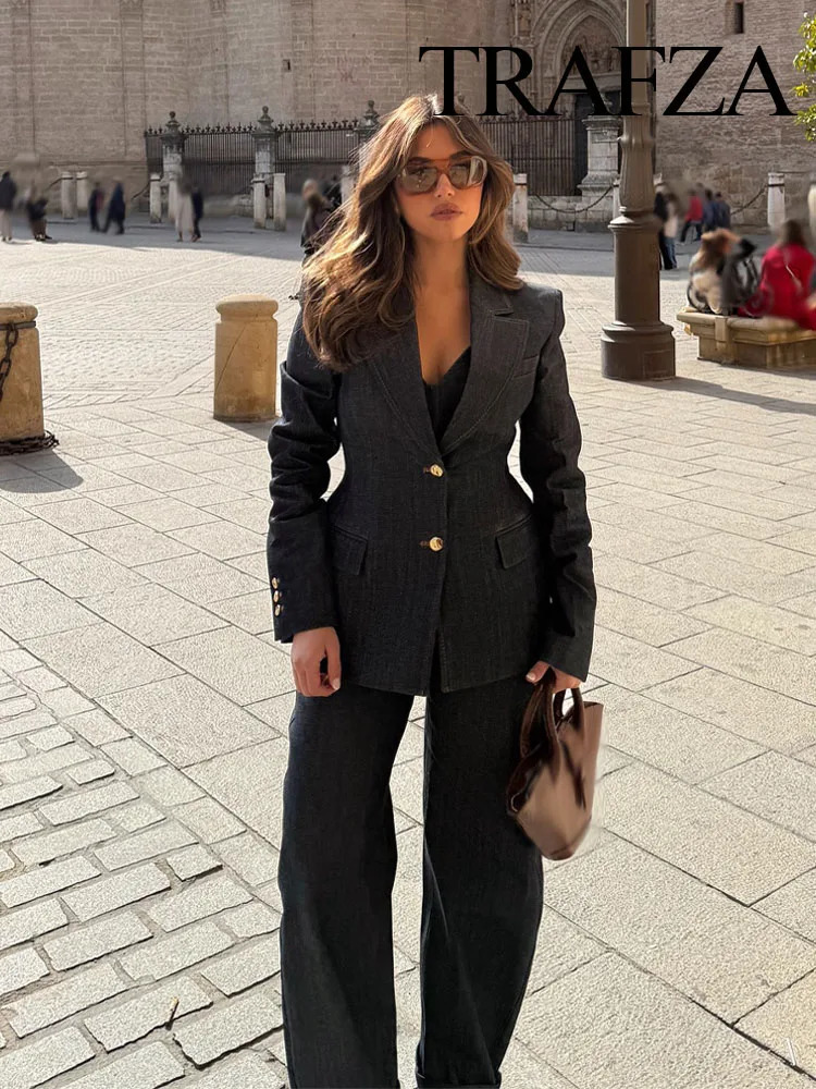 TRAFZA 2025 Spring Denim Blazer Trousers Set For Women Turn-down Collar Slim Coatv Neck Corsetvintage Female Wide Leg Jeans 250728
