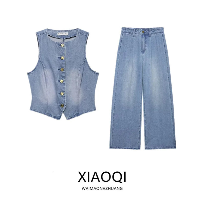 Spring Summer 2025 Womens Denim Svel round Ne Vest Tank Top mid Waist Long Pants Faion Set for Young Women 250728